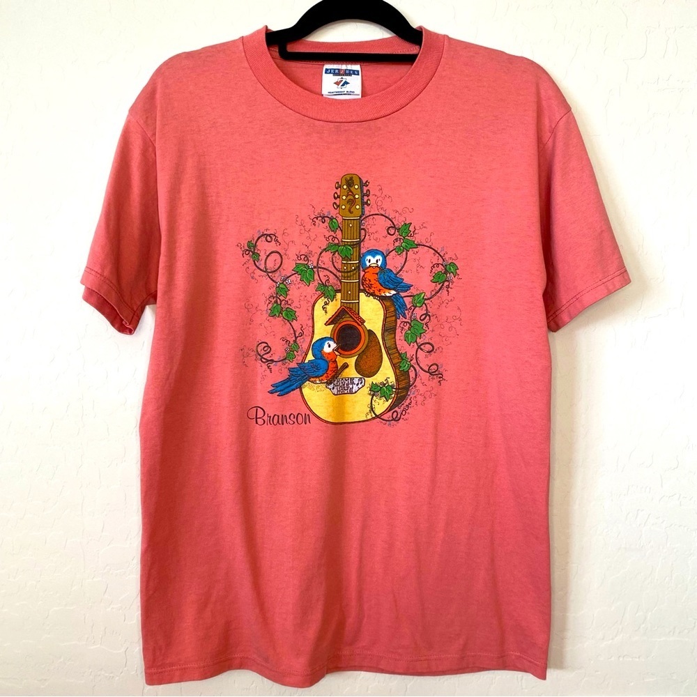 Jerzees pink Womens t shirt Sz M Home Tweet Home birds and guitar Branson